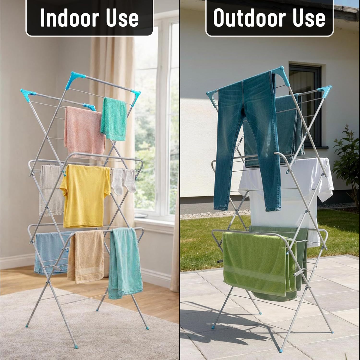 UTTAM Foldable Clothes Drying Rack – Alloy Steel Clothes Airer with Corner Hooks, Sock Dryer, 15M Drying Capacity, 15KG Load, Grey
