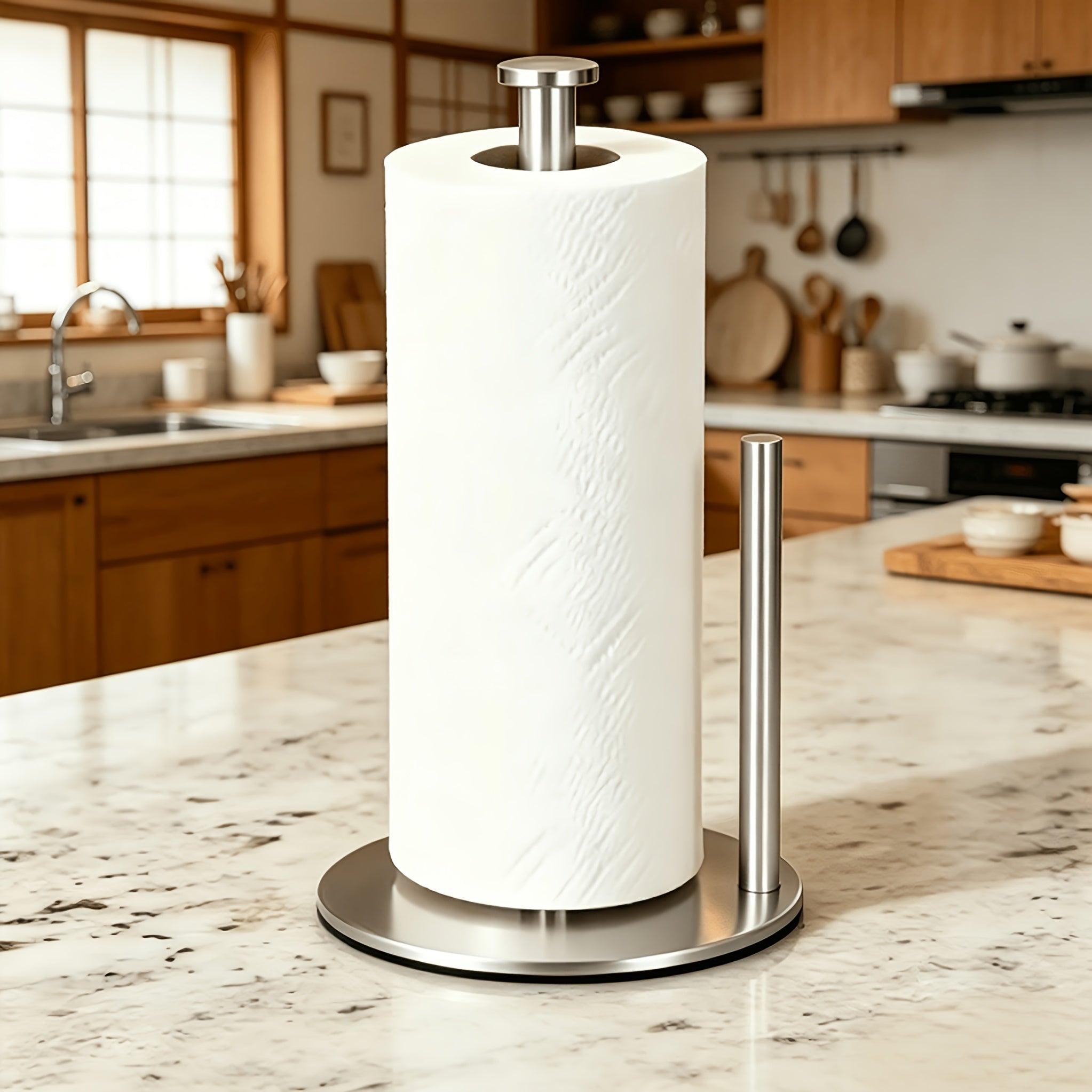 Premium Silver Paper Towel Holder – Stainless Steel Kitchen Roll Dispenser with Weighted Base for Countertop Use