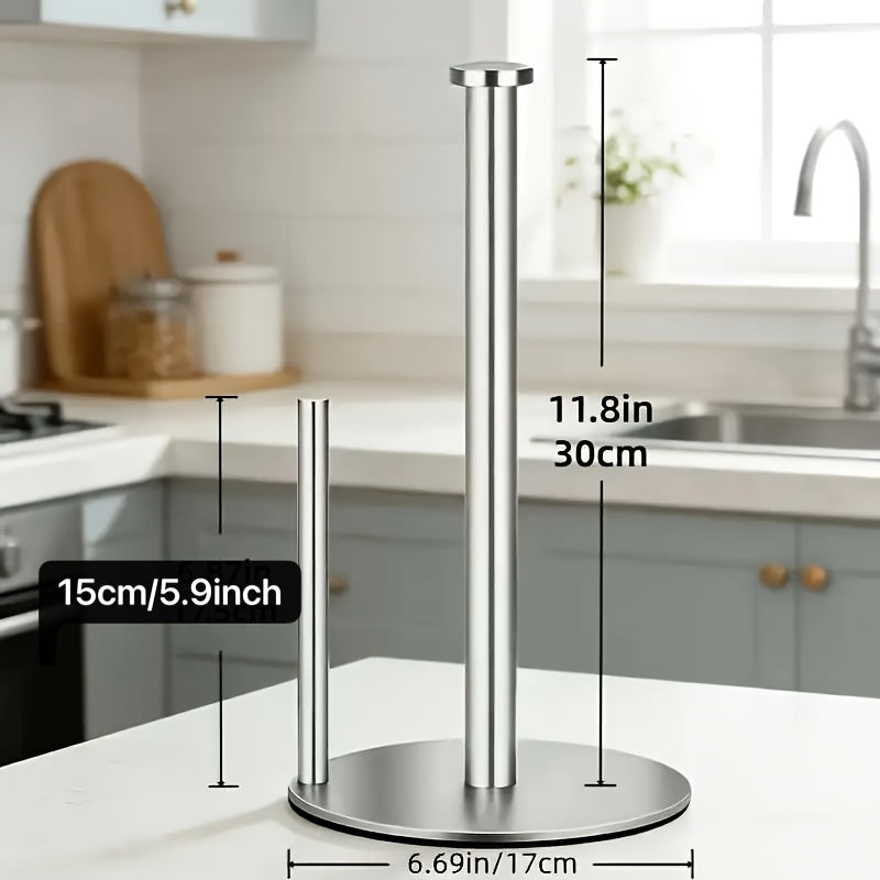 Premium Silver Paper Towel Holder – Stainless Steel Kitchen Roll Dispenser with Weighted Base for Countertop Use