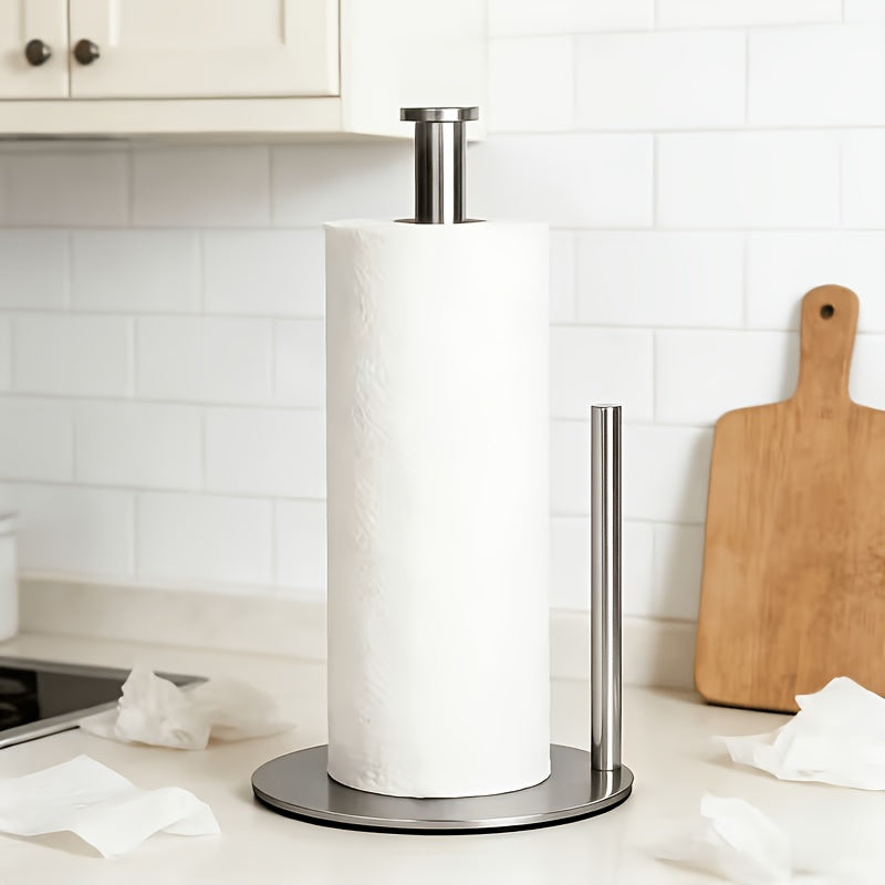 Premium Silver Paper Towel Holder – Stainless Steel Kitchen Roll Dispenser with Weighted Base for Countertop Use