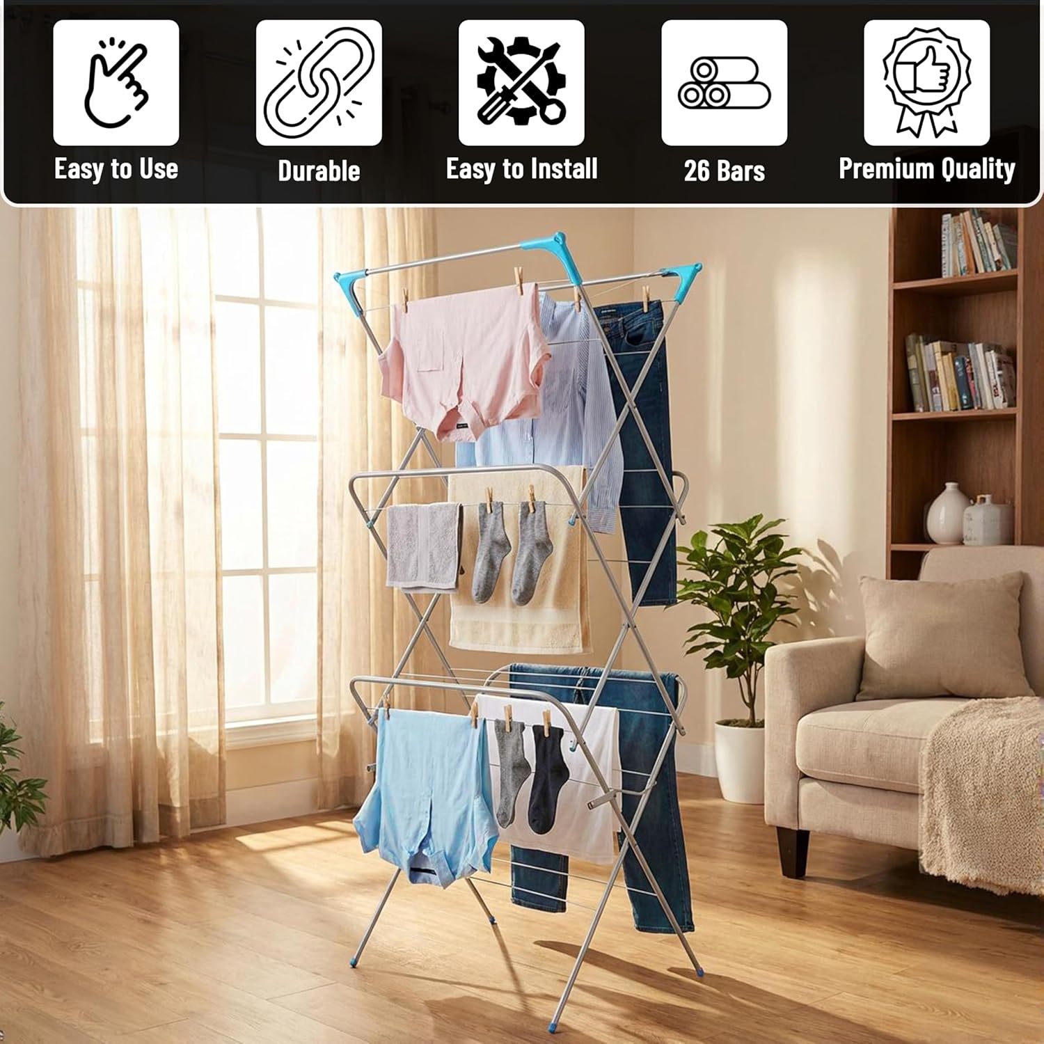 UTTAM Foldable Clothes Drying Rack – Alloy Steel Clothes Airer with Corner Hooks, Sock Dryer, 15M Drying Capacity, 15KG Load, Grey