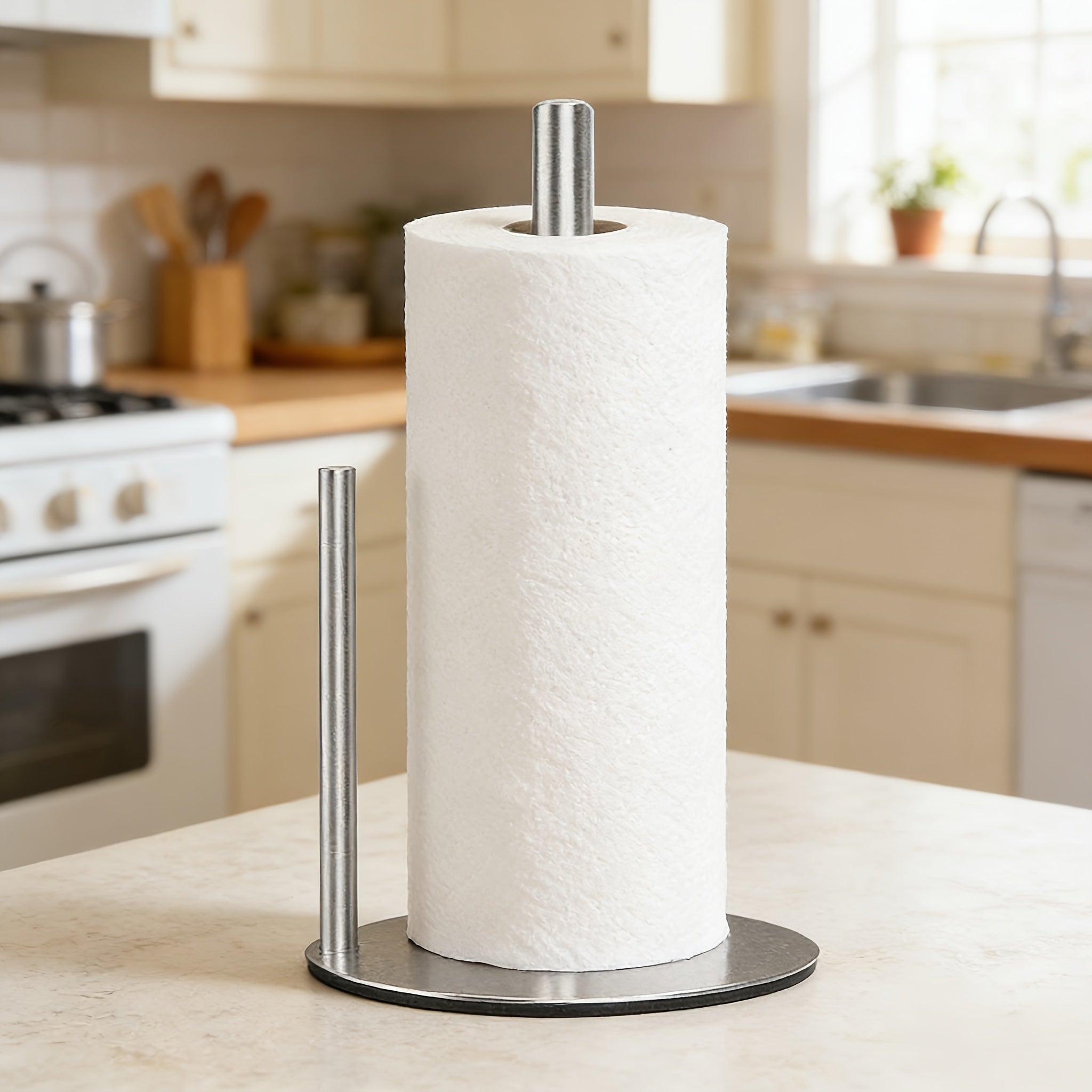 Premium Silver Paper Towel Holder – Stainless Steel Kitchen Roll Dispenser with Weighted Base for Countertop Use