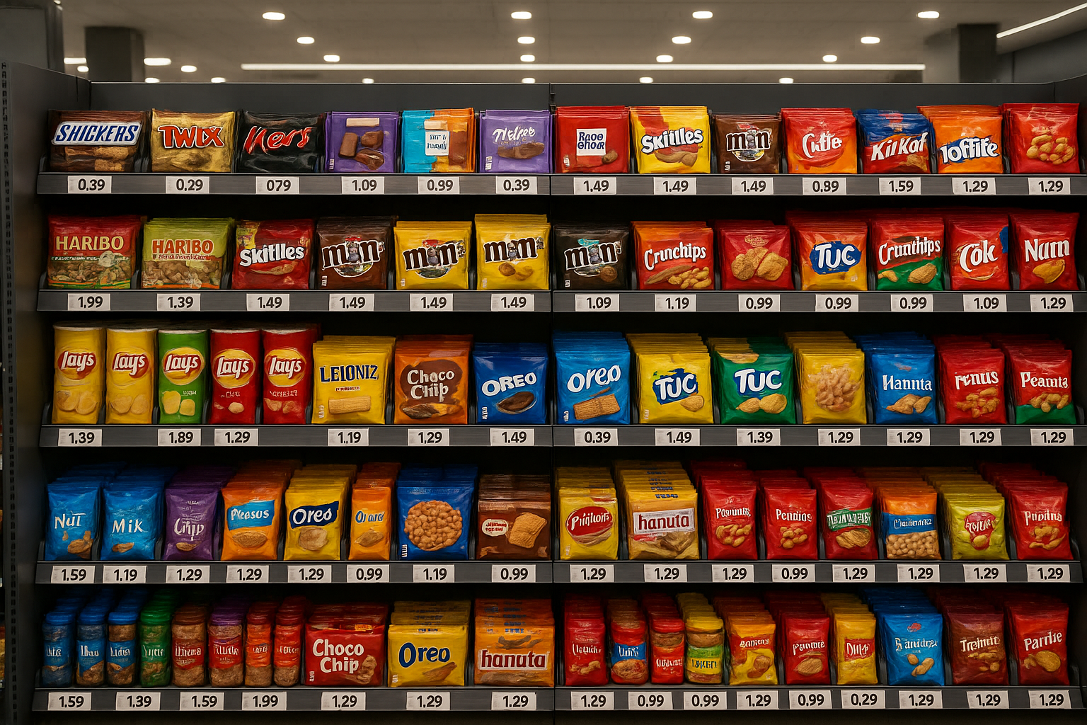create image of snacks and choco bars in a store 